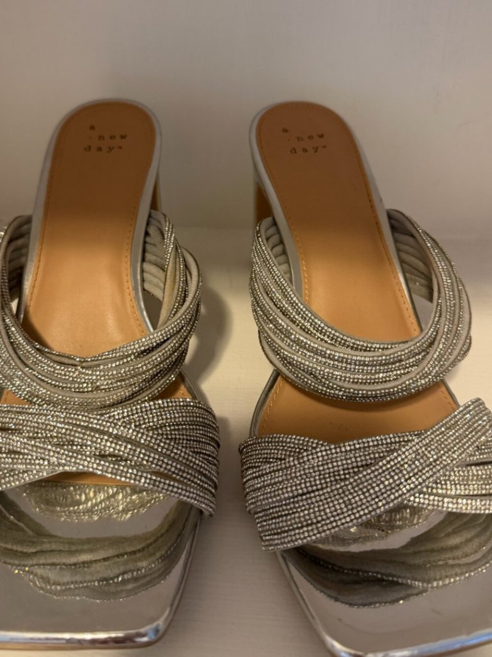 A New Day Silver Rhinestone Strappy Block Heels Size 9.5